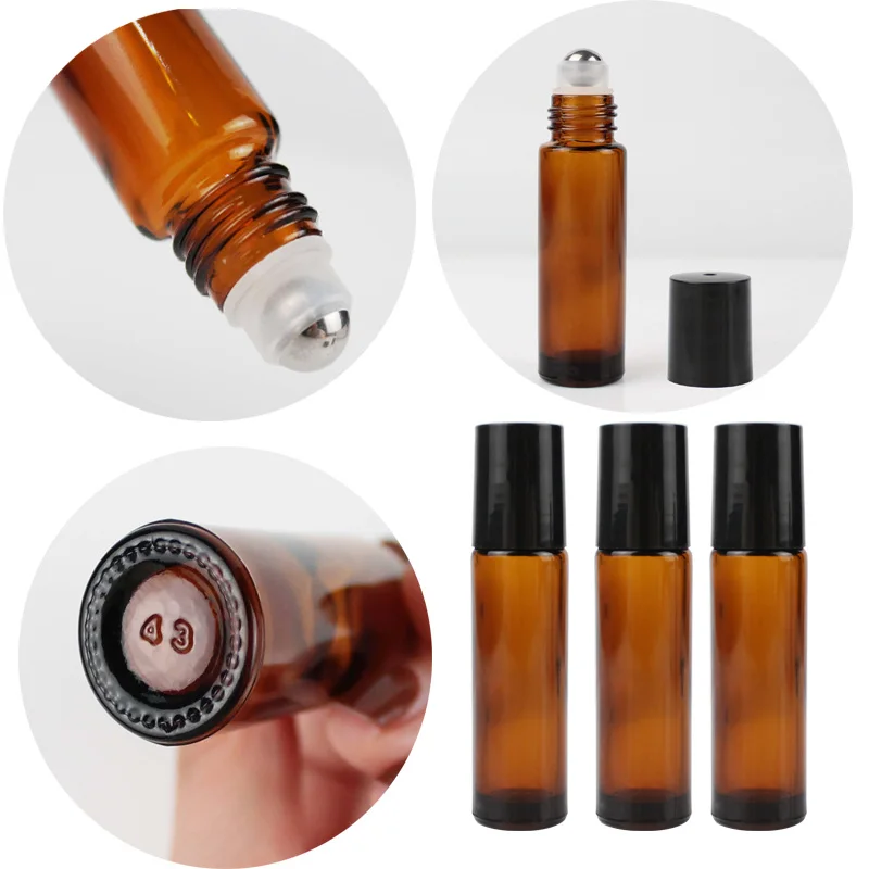 15Pcs/pack 10ml Amber Glass Roll on Bottle for Essential Oil Vials with Roller Metal Ball Refillable Bottles Containers