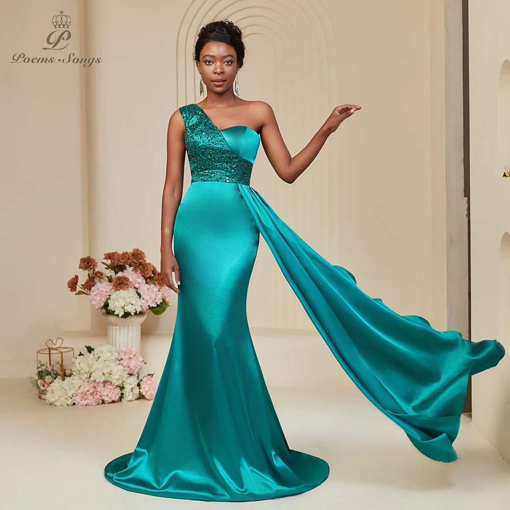 

PoemsSongs One-Shoulder Satin Evening Dress with Shiny Sequin Waistband Elegant Long Gown vestido de festa bridesmaid dresses