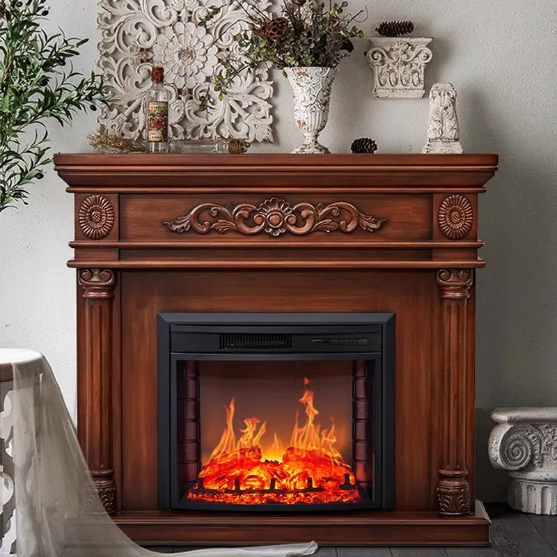 

American retro decorative fireplace cabinet carved European-style villa living room simulation flame mantel heating furnace heat