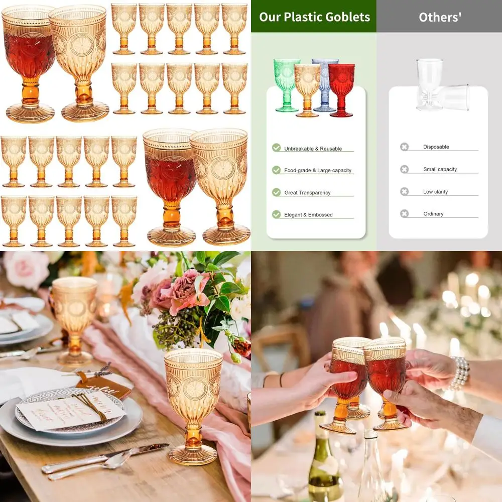 

Reusable 12-Ounce Plastic Wine Glasses, Set of 24, Colored Stemmed Goblets with Flower Pattern, Unbreakable Drinkware for Partie