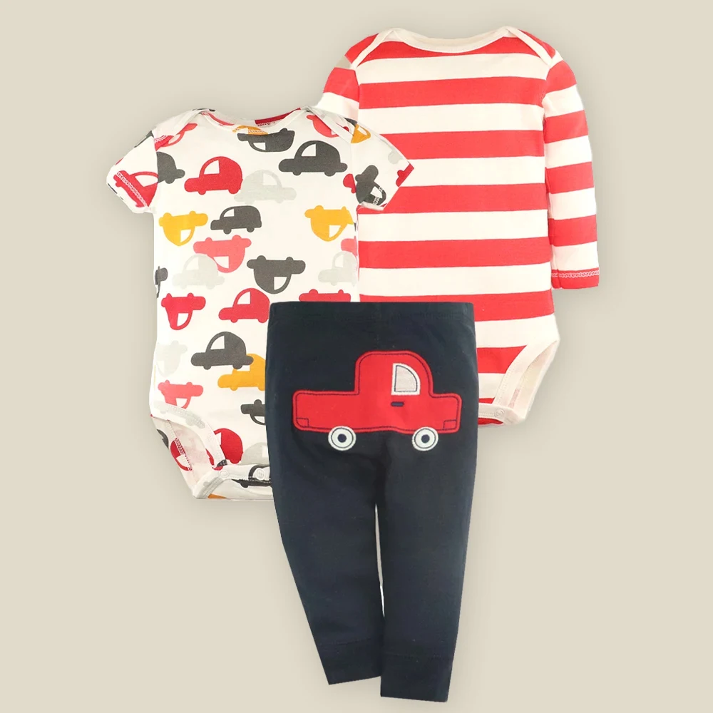 

Newborn 3PCS Romper Set - Breathable Cotton Onesies + Leggings, Fun Patterns (Cars, Animals), Size 6-24M