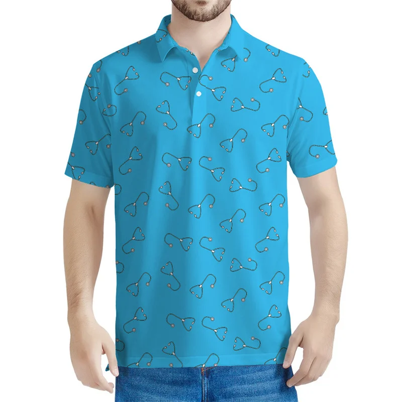 Cartoon Stethoskop 3d gedruckt Polos hirt Sommer lose Knopf Polos hirts für Männer Kleidung Straße Kurzarm Urlaub Tops