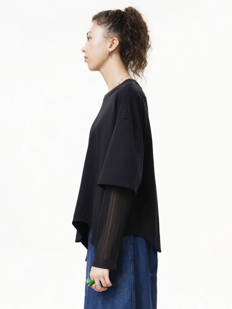 

MOVEUP Black Fake Two Piece Round Neck T-Shirt 2026 Summer New Wave Hem Lace Drop Sleeves Minimalist Tee For Women 3ELX90579
