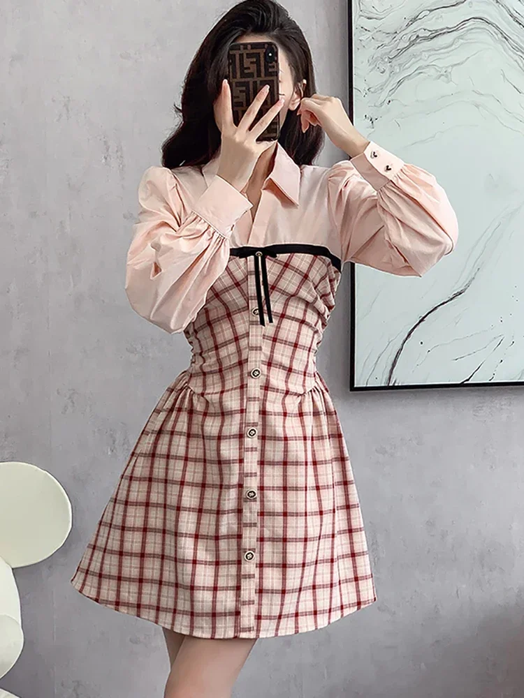 2025 elegante casual nep tweedelige jurk herfst winter geplooide bodycon jurk vrouwen roze geruite patchwork polokraag shirtjurk