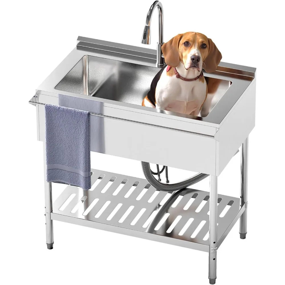 

36'' Utility Sink, 304 Stainless Steel, Free Standing Single Bowl Sink with Pull-Out Faucet & Cold and Hot Water Pipe, Indoor a