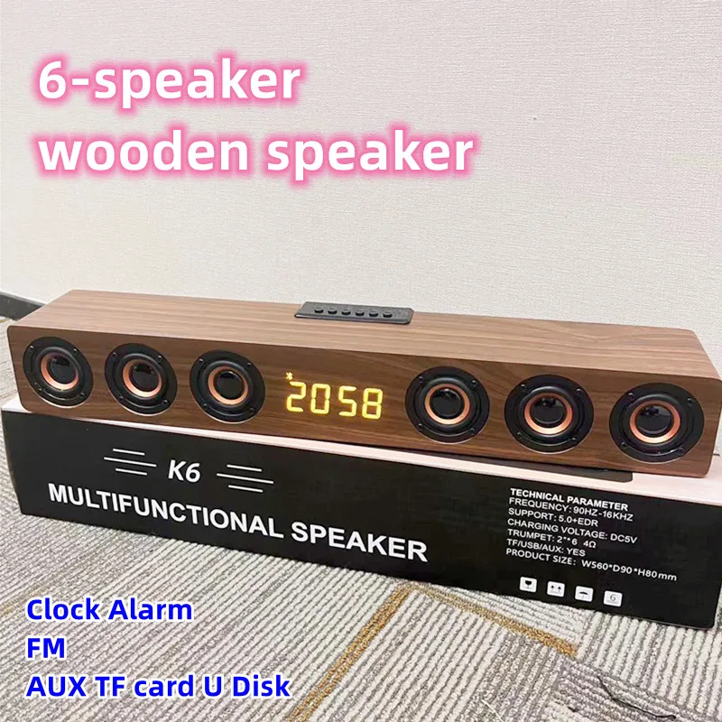 6 Speakers Wooden Bluetooth Speaker Sound Bar TV Echo Wall Home Theater Sound System 3D Stereo Surround Sound Bar for PC/TV