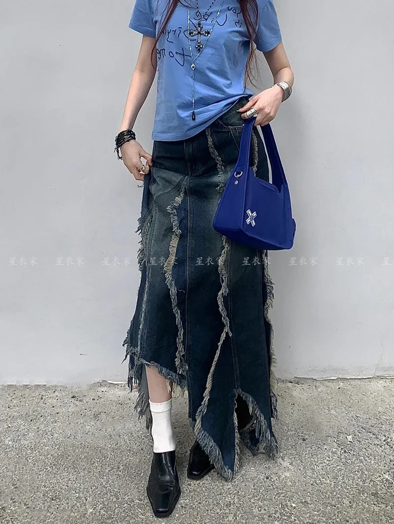 Women Denim Long Skirt Harajuku Y2k 2000s Vintage Skirts 90s Aesthetic Streetwear Fashion Korean Style A-Line Jean Skirt Clothes