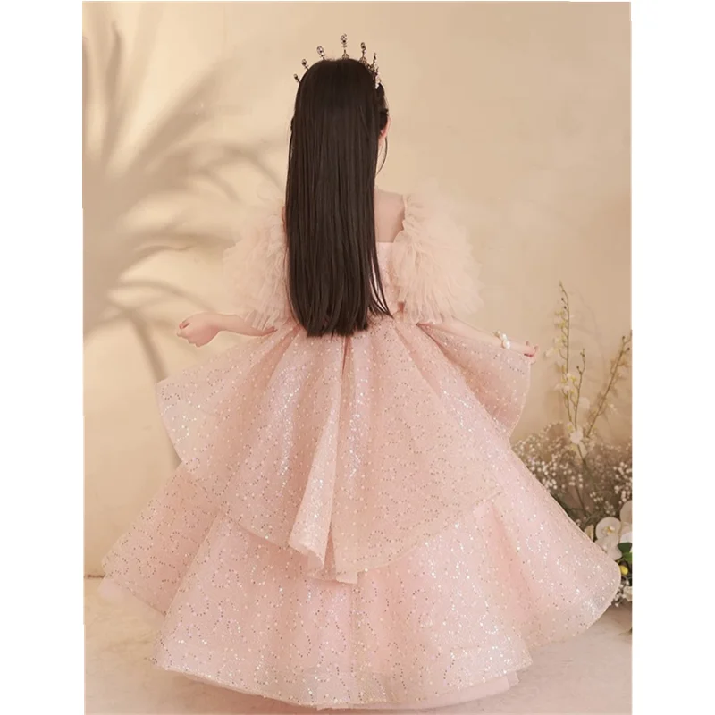 2024 Luxury Gala Dress for Teens Girl Infants Sequins Tutu Sleeve Maxi Dresses for Party Kids Catwalk Costume Children Ball Gown