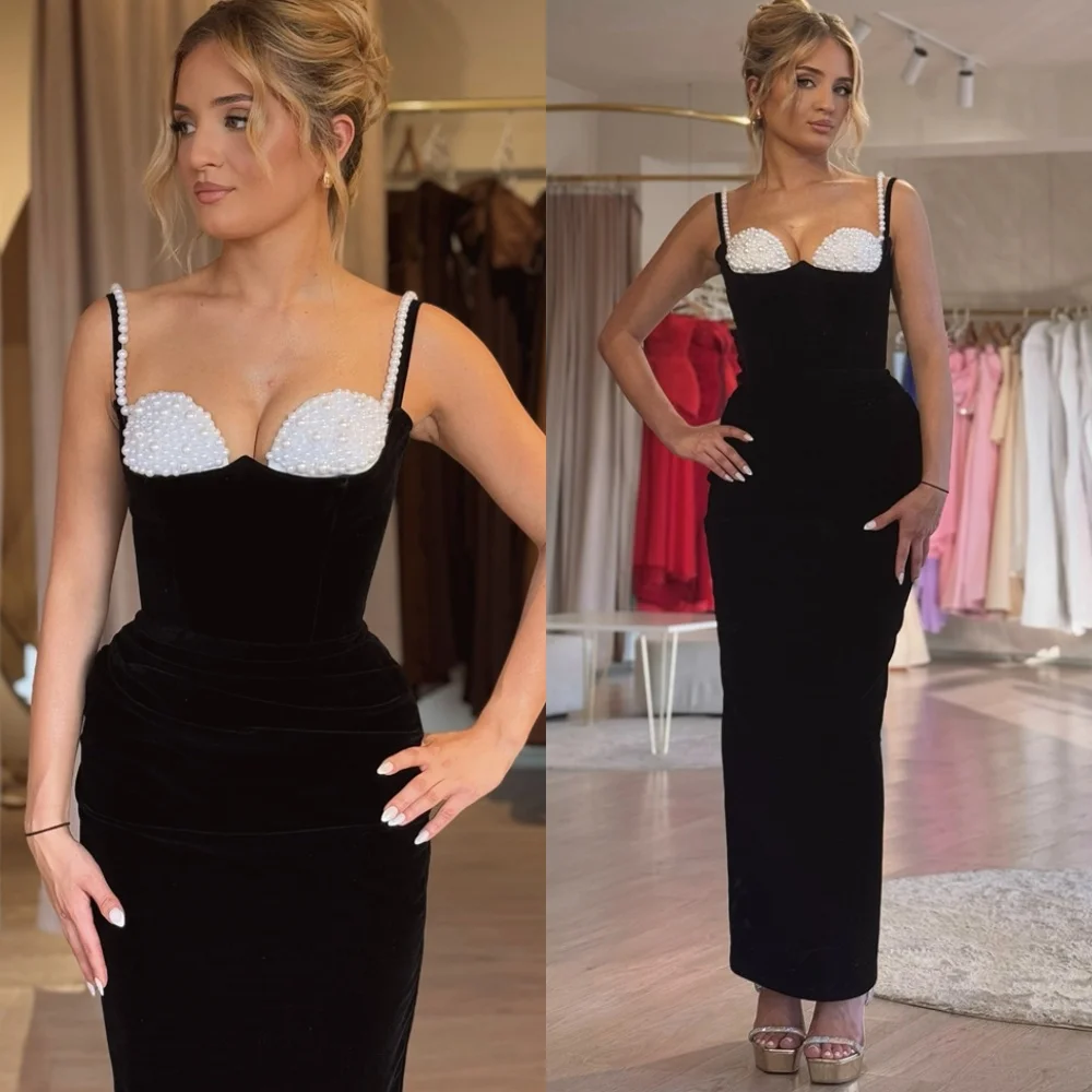 

Customized Simple Black Jersey Evening Dresses Exquisite Strapless Sleeveless Homecoming Dress Fashion Pearls Prom Dress