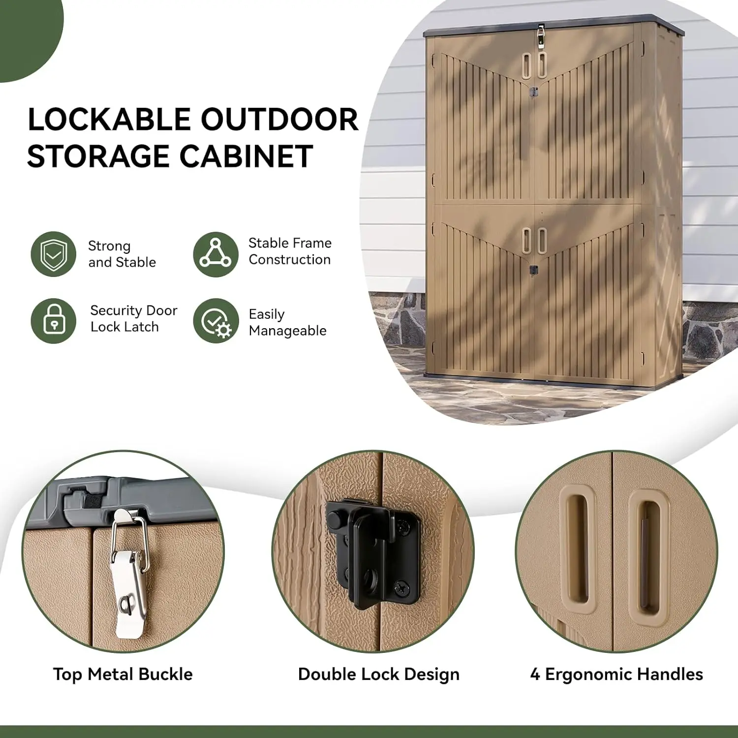 سقيفة تخزين خارجية مع أرضية، خزانة تخزين خارجية كبيرة 64 قدم مكعب، سقيفة من الراتنج العمودي المقاوم للماء لأدوات الحدائق، حمام السباحة E