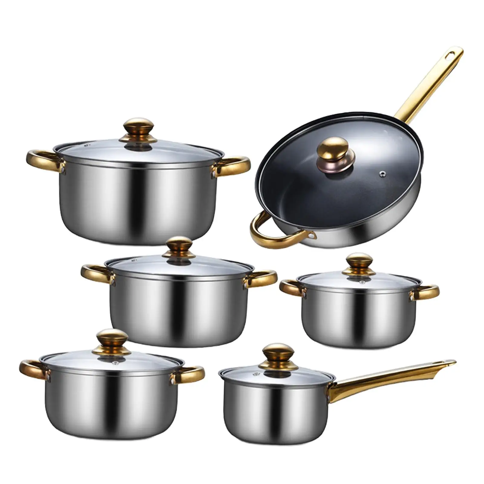 6Pcs Pots and Pans Set Stainless Steel Portable Soup Pot Saucepan Ergonomic Handle Kitchen Cooking Set Cookware Set for Home