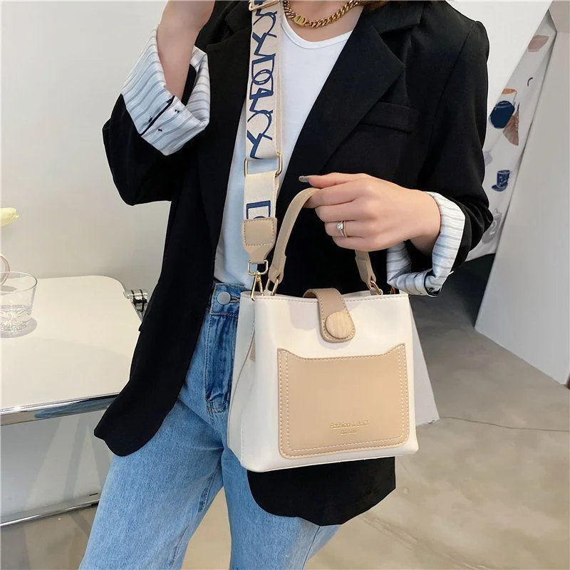 Fashion Women PU Leather Small Bucket Tote Bags Luxury High-capacity Handbags Wide Strap Female Shoulder Crossbody Messenger Bag