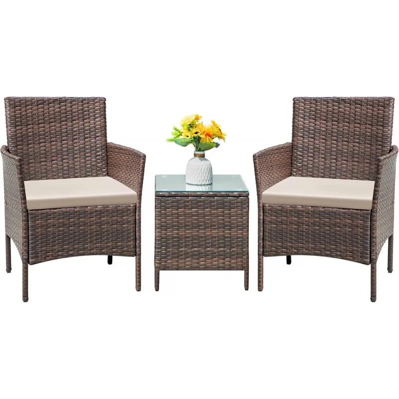 Patio furniture set 3 pieces all-weather rattan furniture patio chairs with tempered glass table porch bistro balcon