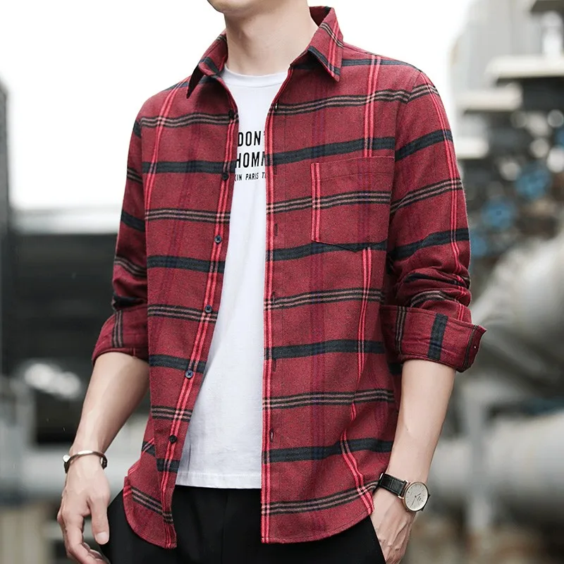 2022 New Men Plaid Shirt Spring Autumn Male loose Casual Long-Sleeved Shirts