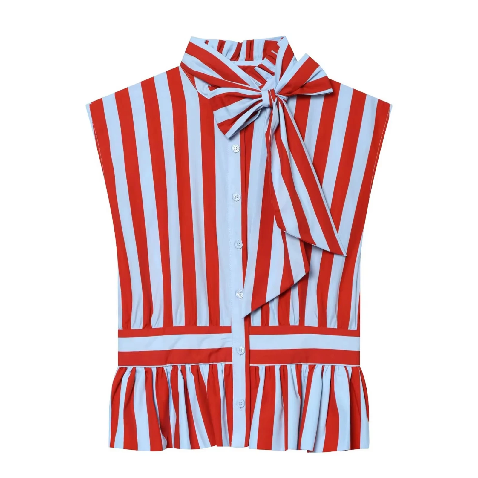 HH Damen Elegantes Schickes Gestreiftes Hemd mit Plissiertem Saum, Ärmellos, Schnürung, Stehkragen, Tailliertes Oberteil, Sommermode 2026, Streetwear – Detail 2