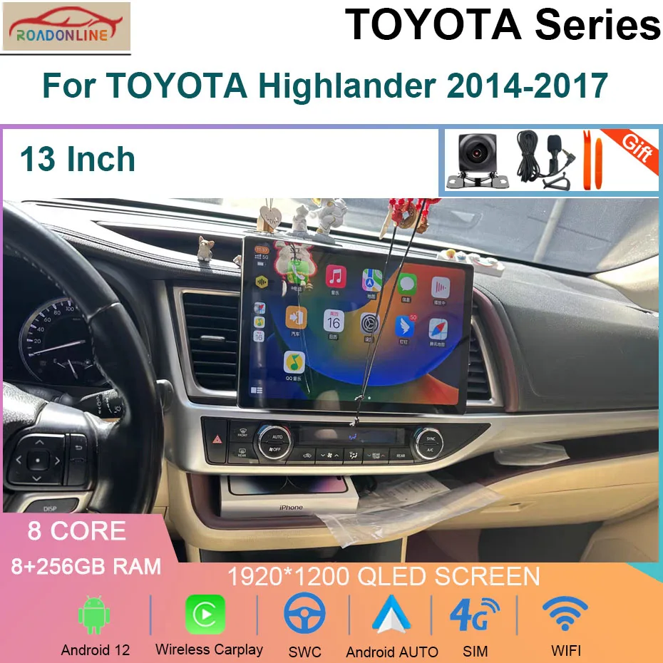 13 Inch 2K Screen Android 12 Car Radio Video Player For TOYOTA Highlander 2014-2017 Stereo GPS Navigation Wireless Carplay 4G