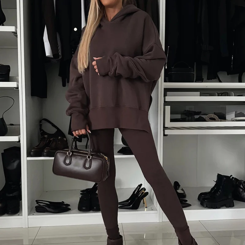 Casual Long Sleeve Loose 2Pc Outfit Fashion Pullover Hooded Sweatshirt & Pencil Pant Set Women Elegant Striped Print Sports Suit