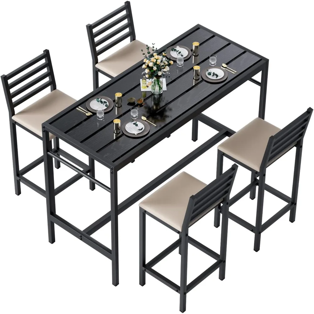 5-teiliges Terrassen-Bar-Set für den Außenbereich, 50 Zoll rechteckiges Thekenhöhen-High-Top-Terrassen-Set, 4 gepolsterte 41 Zoll Hocker