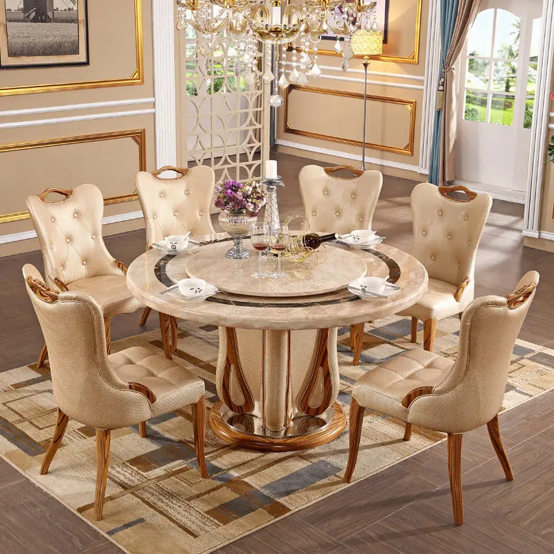 

European marble round table dining and chair set with turn household dining table round table combination