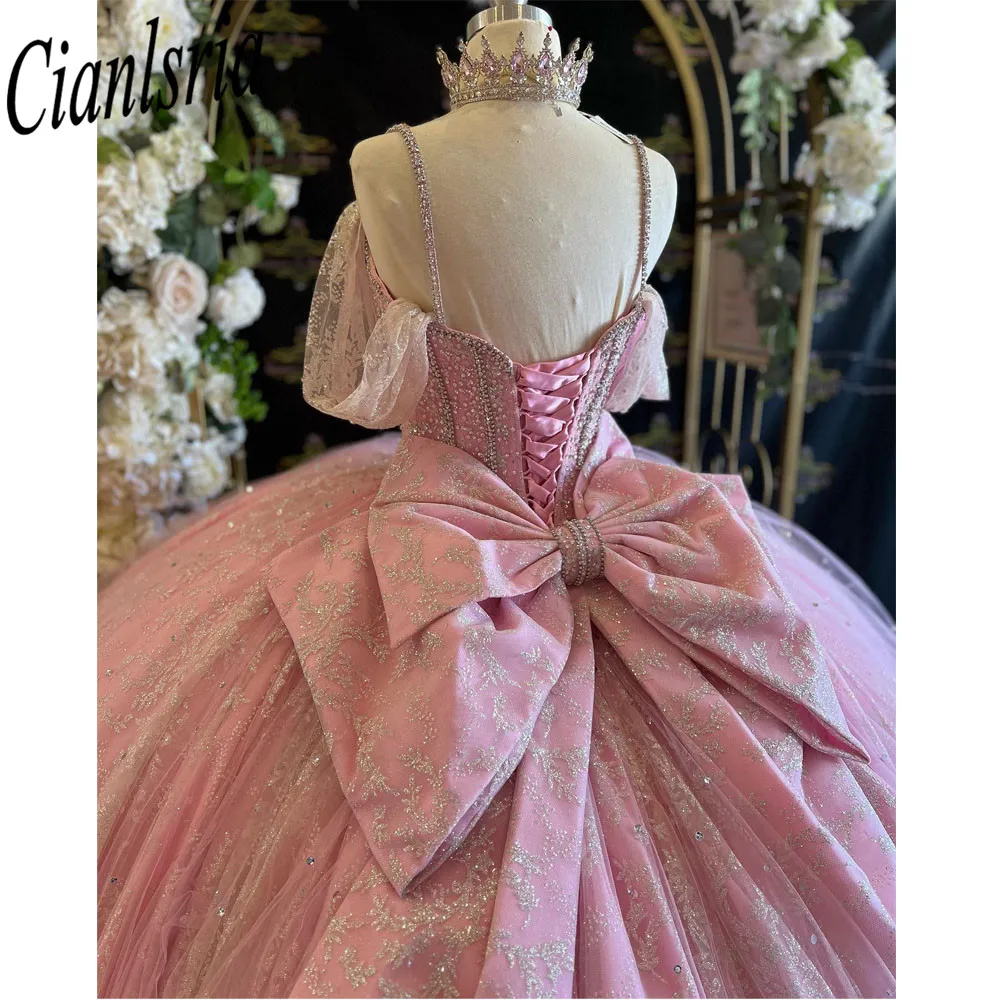 Vestido De quinceañera mexicana con hombros descubiertos, rosa, brillante, para fiesta De cumpleaños, graduación, 2024