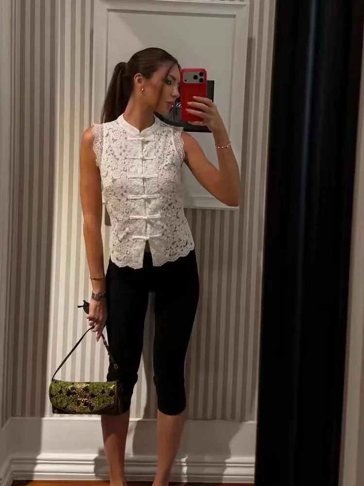 

HH Women Summer Spring Lace Shirt With Lapels Hollow Slits Sleeveless Top Elegant Confortable Fashion Cropped Tops Tee Shirt