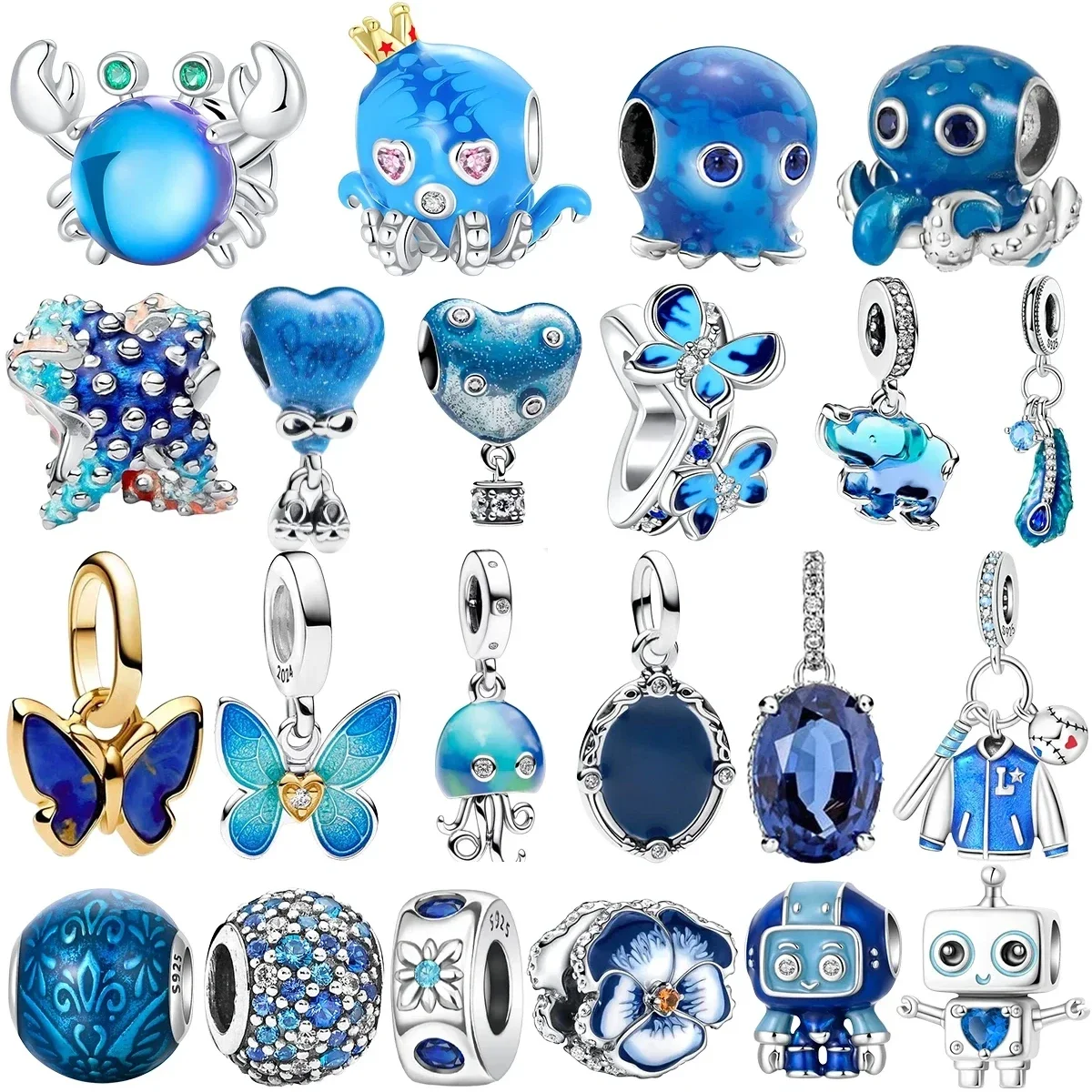 

Purple Charms Original 925 Sterling Silver Blue Cute Marine Life Robot Sea Heart Beads Pendants DIY Bracelets Necklace Jewelry