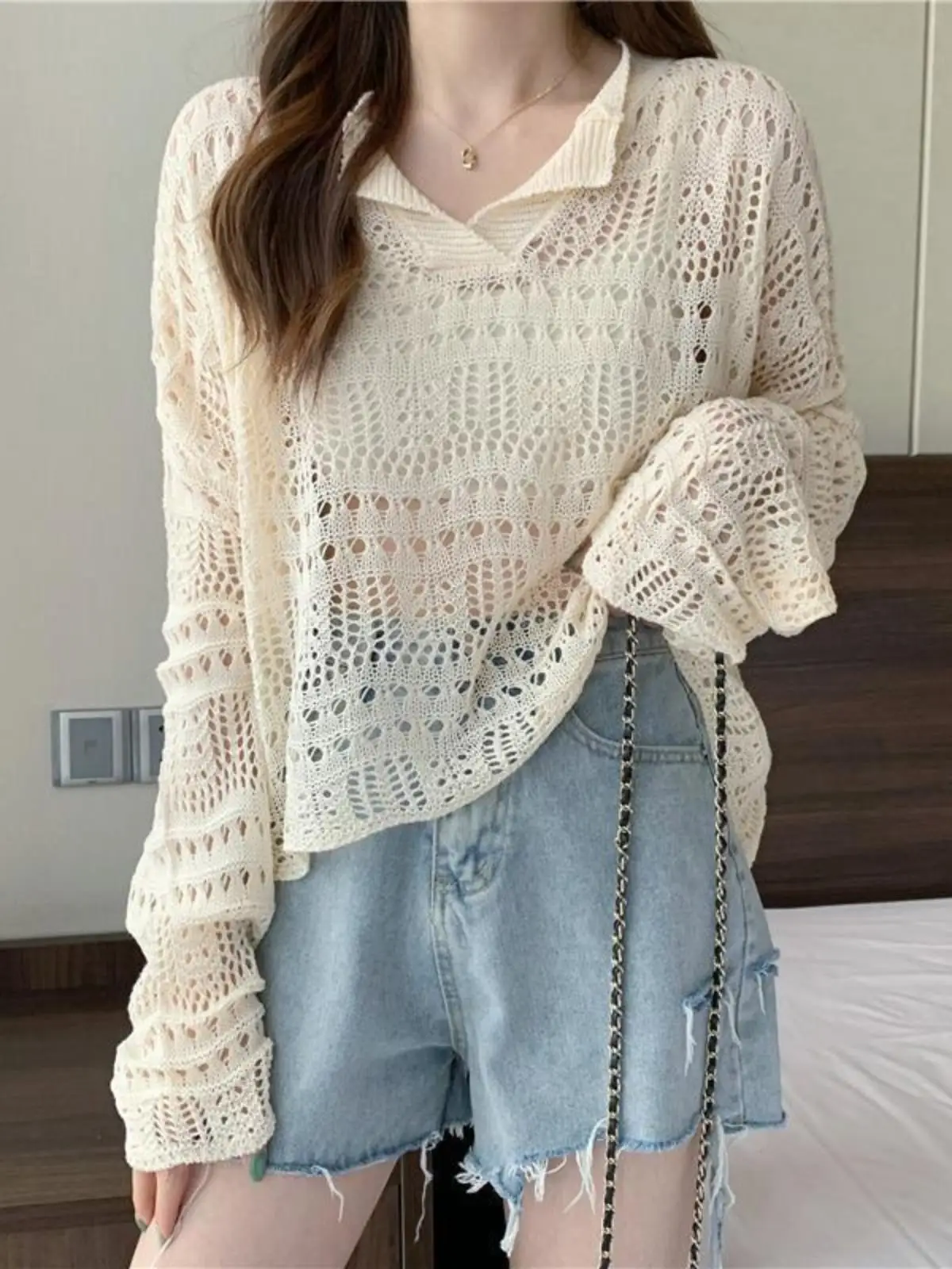 Soie glacée tricoté Long Sve évider mince V-Ne haut femmes été lâche aérien Protection solaire couvrant la climatisation...