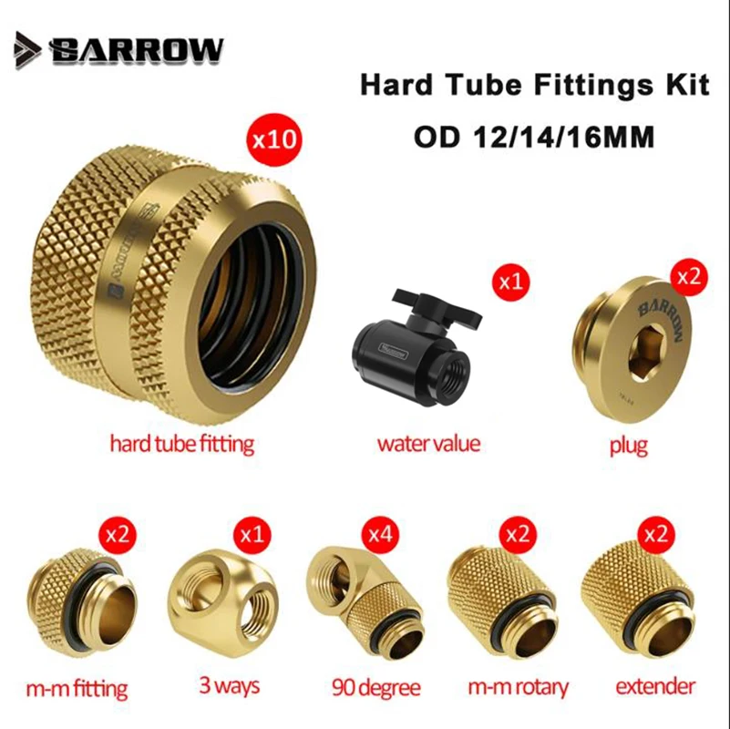 Barrow Hard Tube Fitting Kit for OD12/14/16mm Hard Tube, Water Valve + Plug + 90 DegreeConnector for Computer Accessories Water