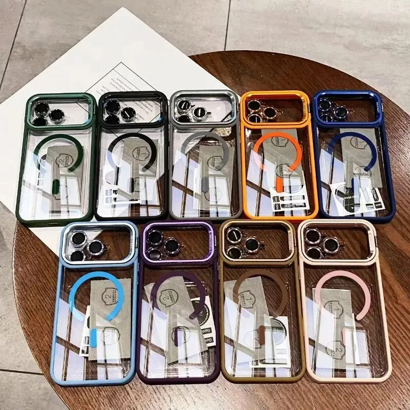 Metal Lens Stand Magnetic Case For iPhone 17 Pro Max 16 15 Plus 14 13 Air  for Magsafe Lens Glass Film Clear Phone Holder Case view 6