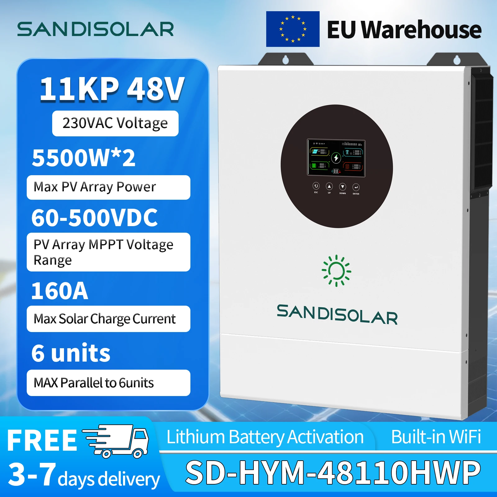 SANDISOLAR 11KW 48V Hybride Solar Inverter 160A MPPT 500VDC Dubbele Uitgang Zuivere Sinusgolf Off-Grid Inverter WiFi Parallel Schakelbaar