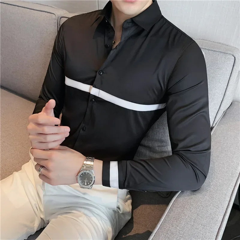 

Autumn Long Sleeve Shirts Slim Fit Casual Business Formal Dress Shirts Ribbon Decoration Social Party Office Shirts Men Clothing