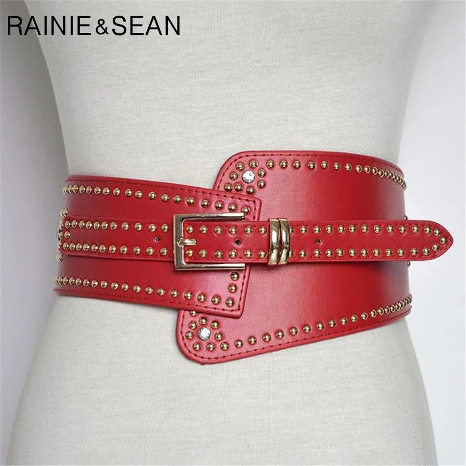 RAINIE SEAN Leather Belts for Ladies Red Wide Belts for Dresses Women Cummerbunds Rivet Red Punk Rock Fashion Pin Buckle Corset