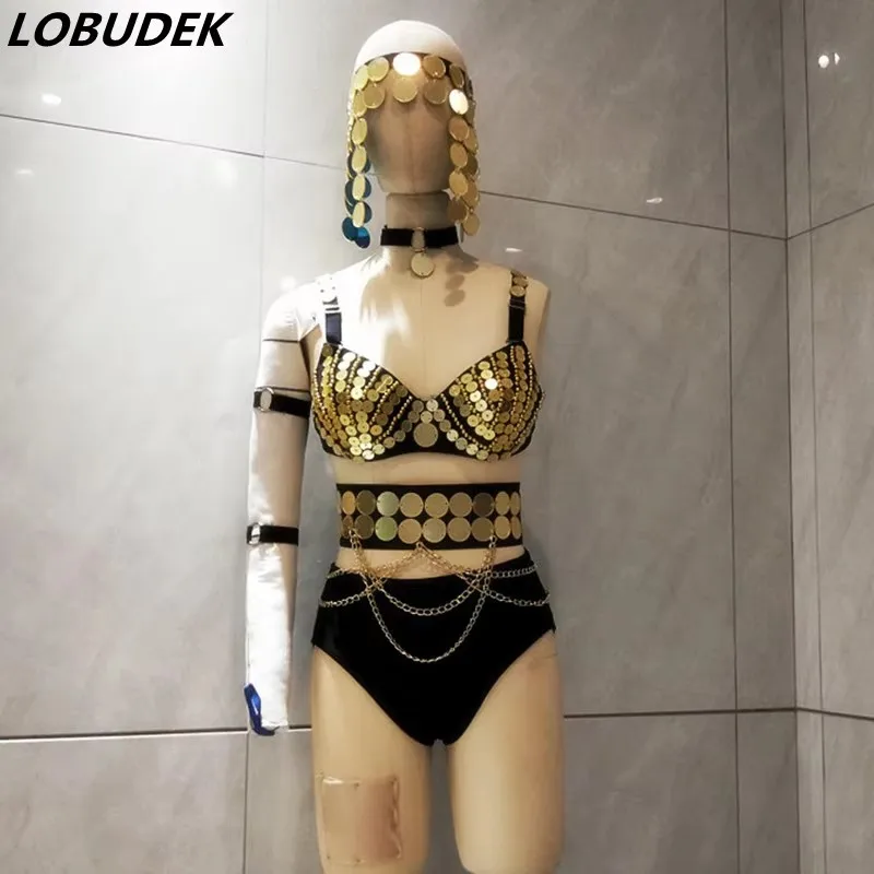 

Сексуальное бикини с золотыми зеркальными пайетками, поясом-цепочкой и головным убором, DJ, женская певица, танцовщица, ночной клуб, сценическая одежда, наряд