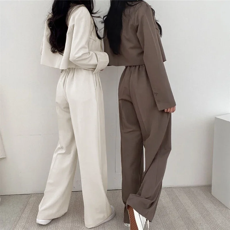 Korean OL Short Suits Sets Casual Loose Crop Blazers Jackets Conjunto New High Waist Wide Leg Pants Ensemble Offcie Outfit L141