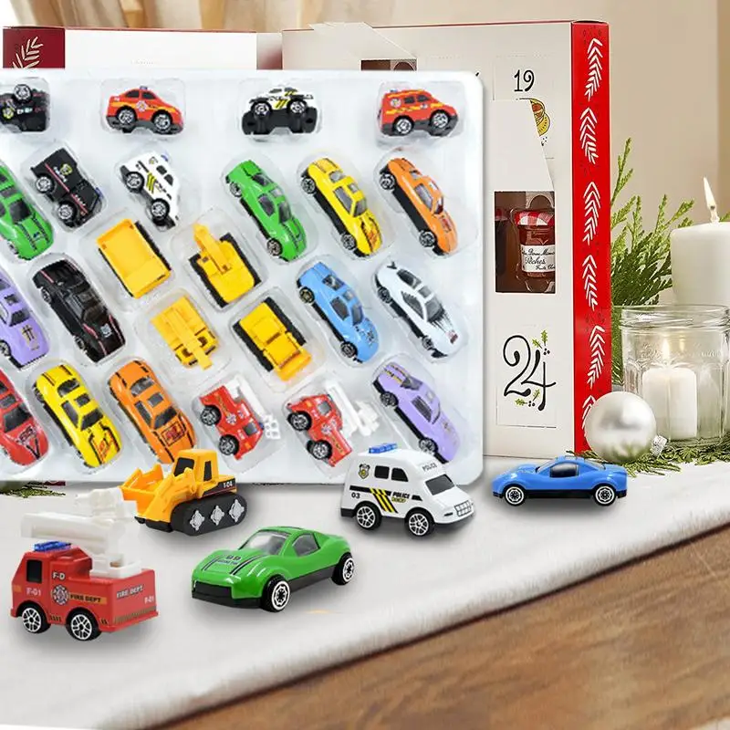 Calendário do Advento do Natal com diferentes veículos, contagem regressiva, calendários do brinquedo para crianças pequenas, mini carro do edifício, meninos