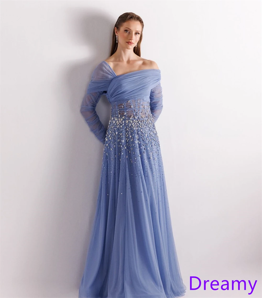 Customized Exquisite Blue Chiffon Evening Dress Square Collar Long Sleeves Celebrity Gowns Bespoke Occasion Gowns Crystal