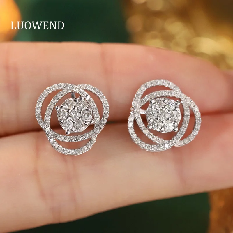 

LUOWEND 18K White Gold Earrings Elegant 1.0carat Real Natural Diamond Stud Earrings for Women Gentle Style High Wedding Jewelry