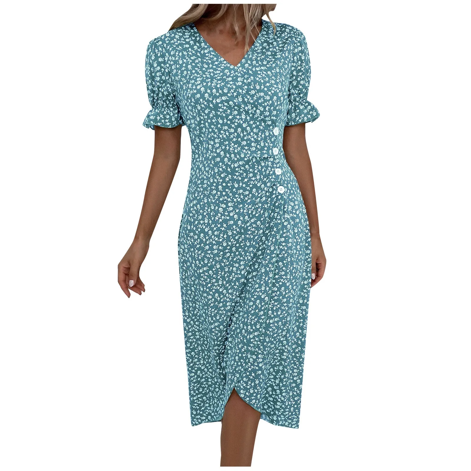 Elegant Floral Pleated H shaped Midi Dress Female V Neck Puff Sleeve Waist Ruched Button Dresses Women Summer Dress Robe