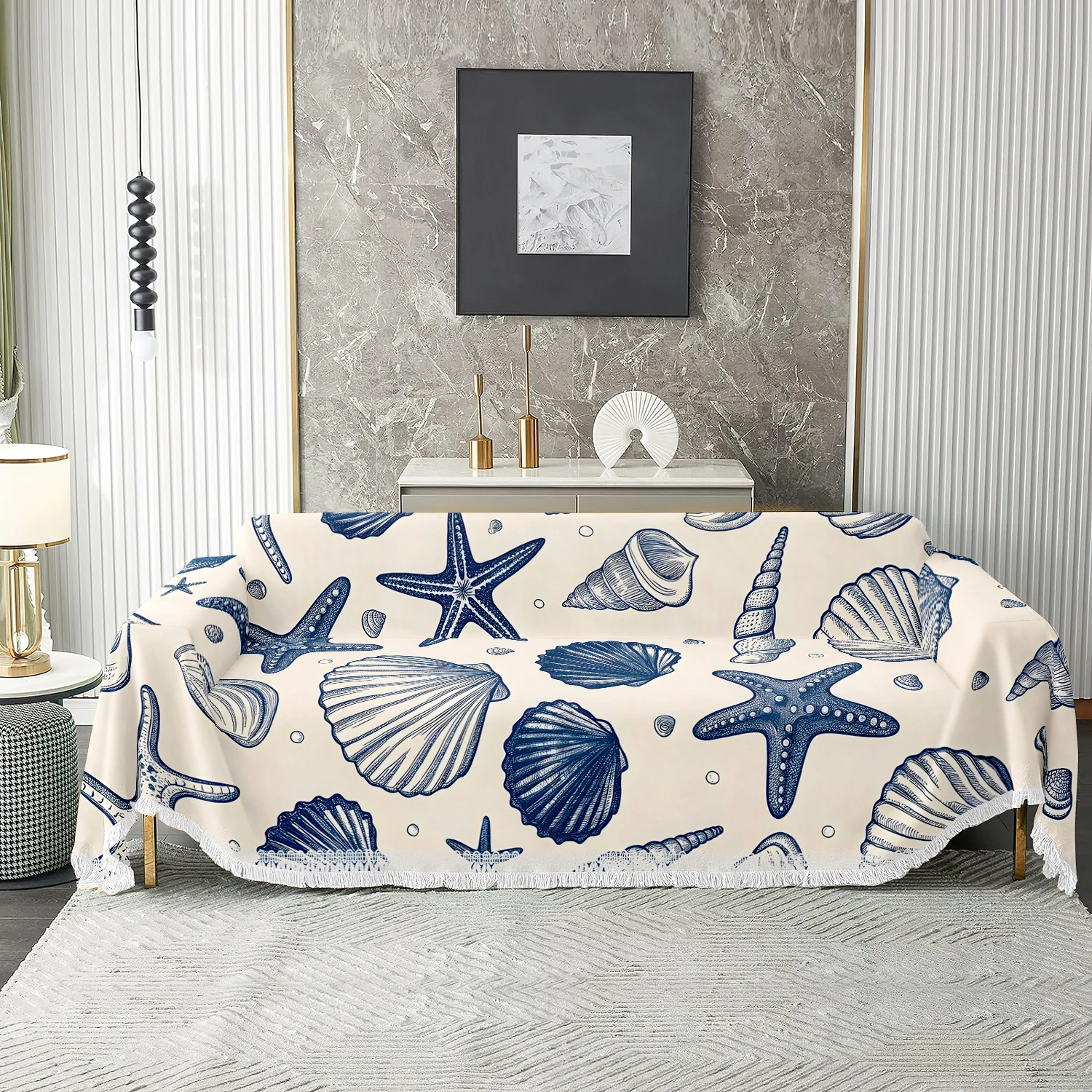 1pc Marine Life Sofa Cover, Seashell Starfish Couch Throw for Living Room, Soft Washable Protector with Tassels