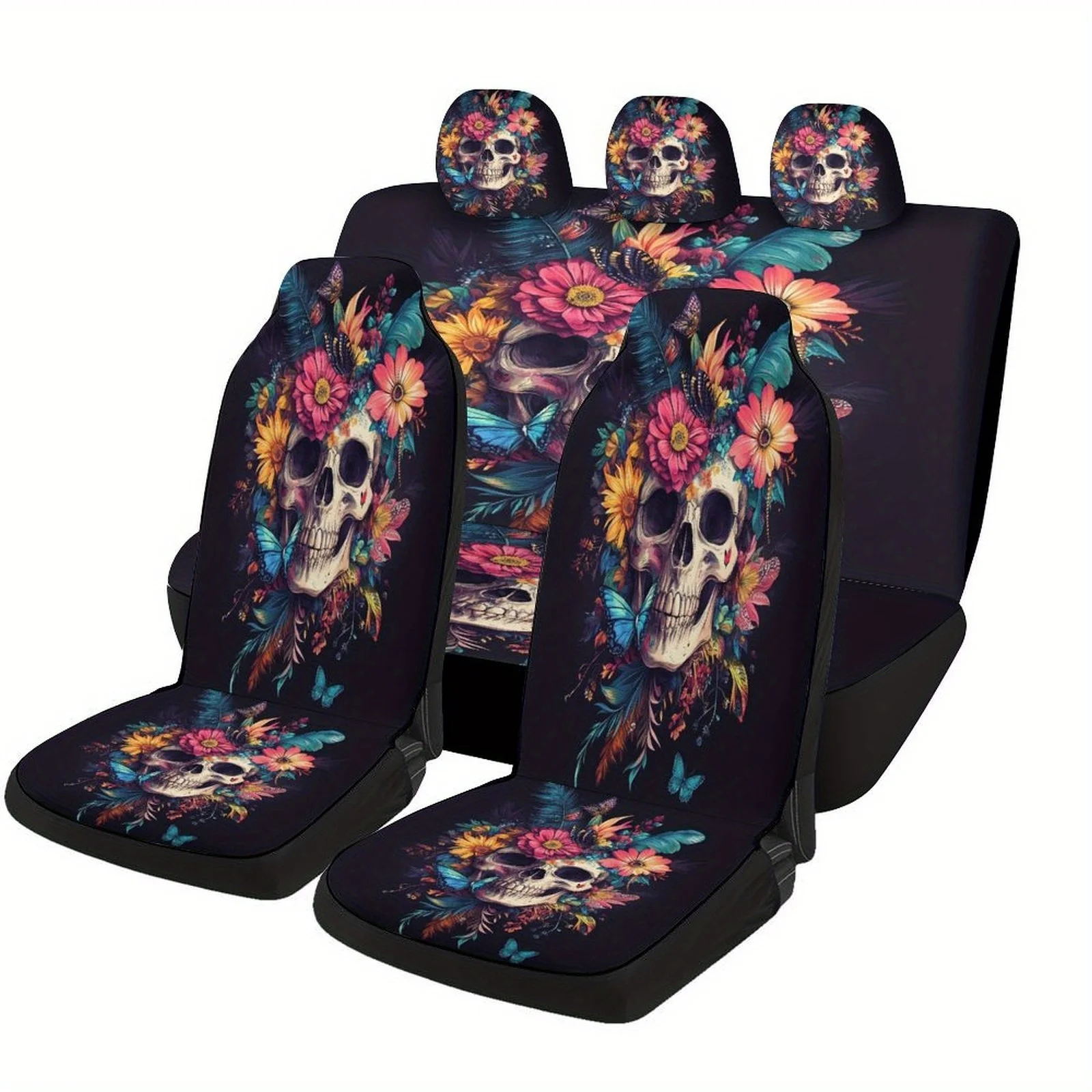 

Floral Skull Composition Themed Car Seat Cover Set For Most Cars, Fashion Novelty Car Seat Protector Covers Full Set, Universal