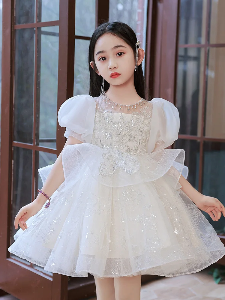 

Flower Girl White Sequins Dress Children Birthday Baptism Dresses For Kids Elegant Frocks Girls Boutique Party Wear Vestidos