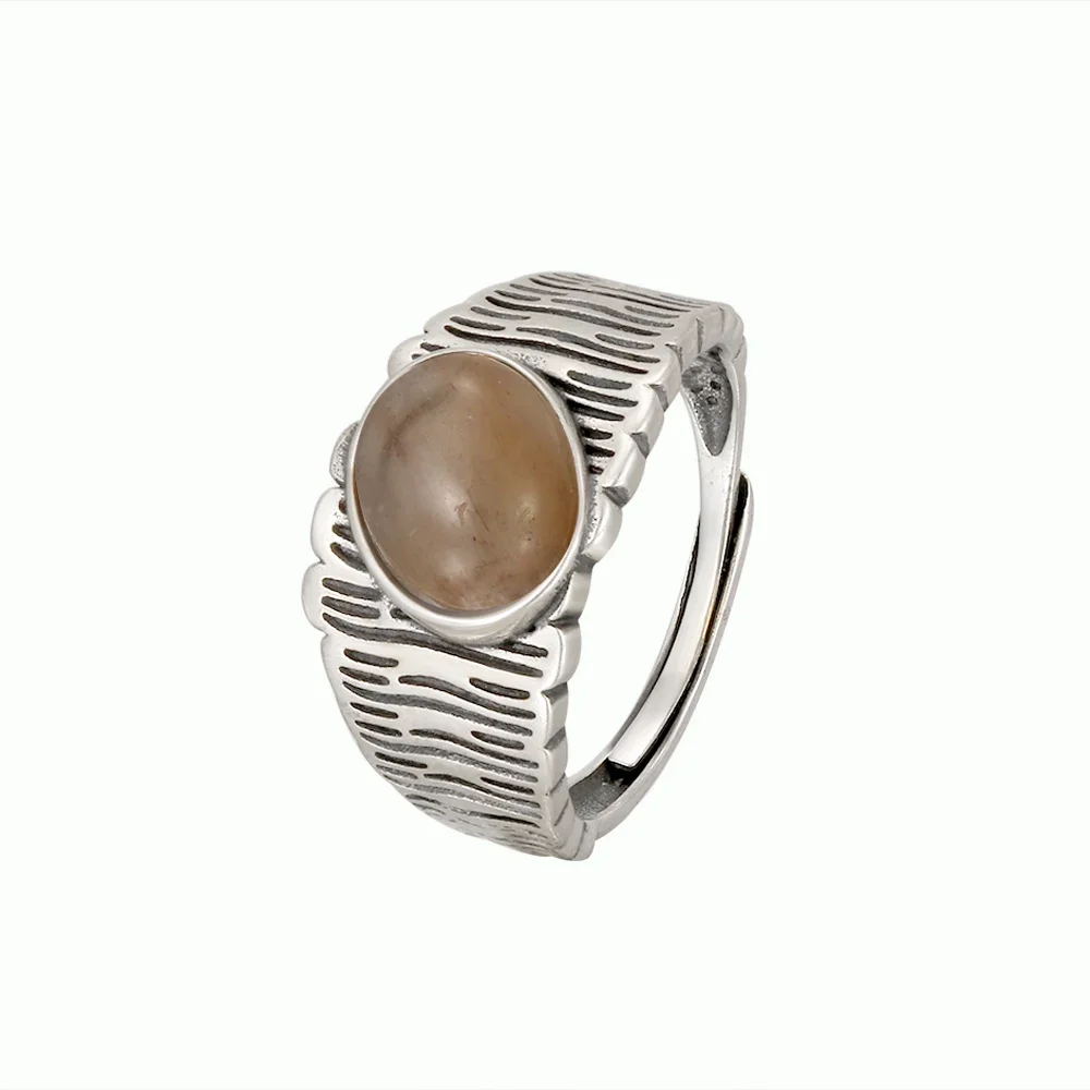 

Natural Crystal Ring for Men Solid S925 Silver -10x8mm Golden Hair Rutilated Quartz Adjustable Band Luxury Sunbeam Jewelry Gift