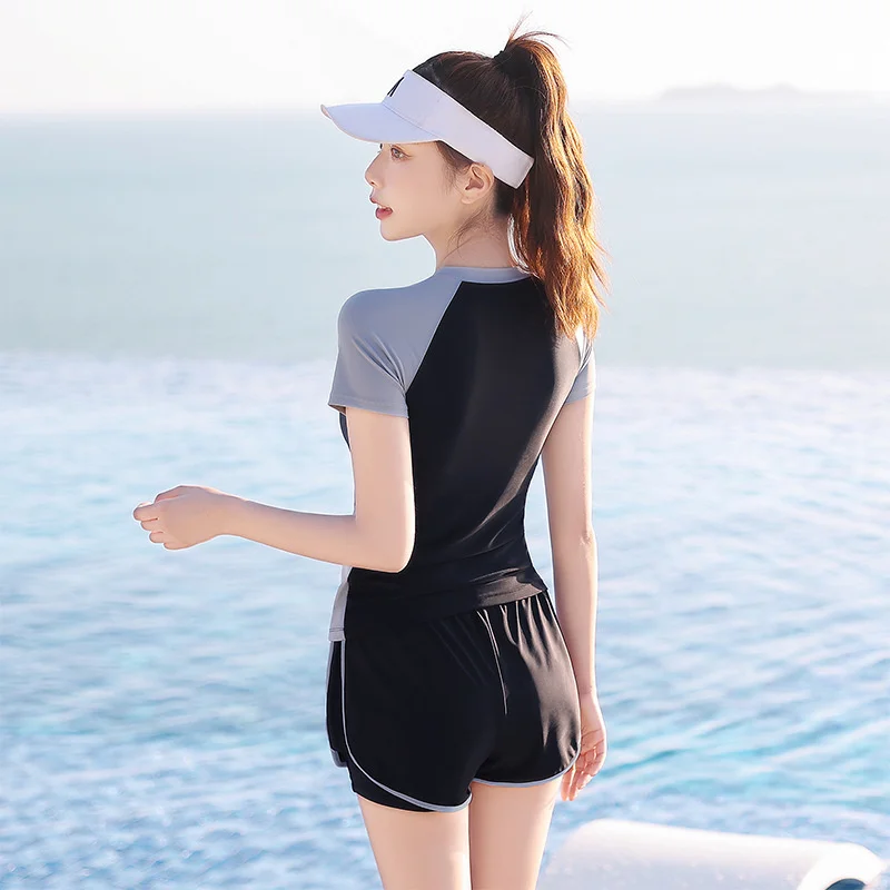 New Short Sleeve High Waist Two Pieces Swimwear Women Swimsuit Hot Spring Surf Bathing Swimming Suit Female Beach Wear 2023