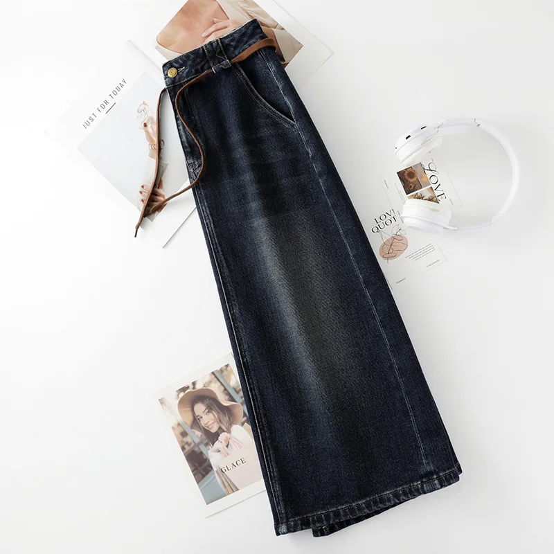 تنورة الدنيم الزرقاء للنساء، تنورة خريفية عالية الخصر على شكل حرف A، تنورة ضيقة، تنورة مستقيمة عصرية فضفاضة