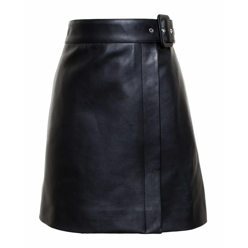 Women's Genuine Lambskin 100% Leather Skirt Soft Above Knee Black Belt Skirt