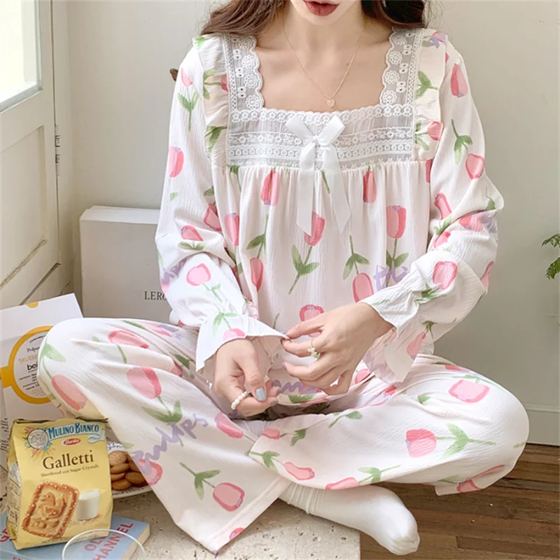 Spring Autumn Princess Style Print Sleepwear Set Long Sleeve Top Pants Ruffle Home wear Skin-Friendly Breathable Pajama