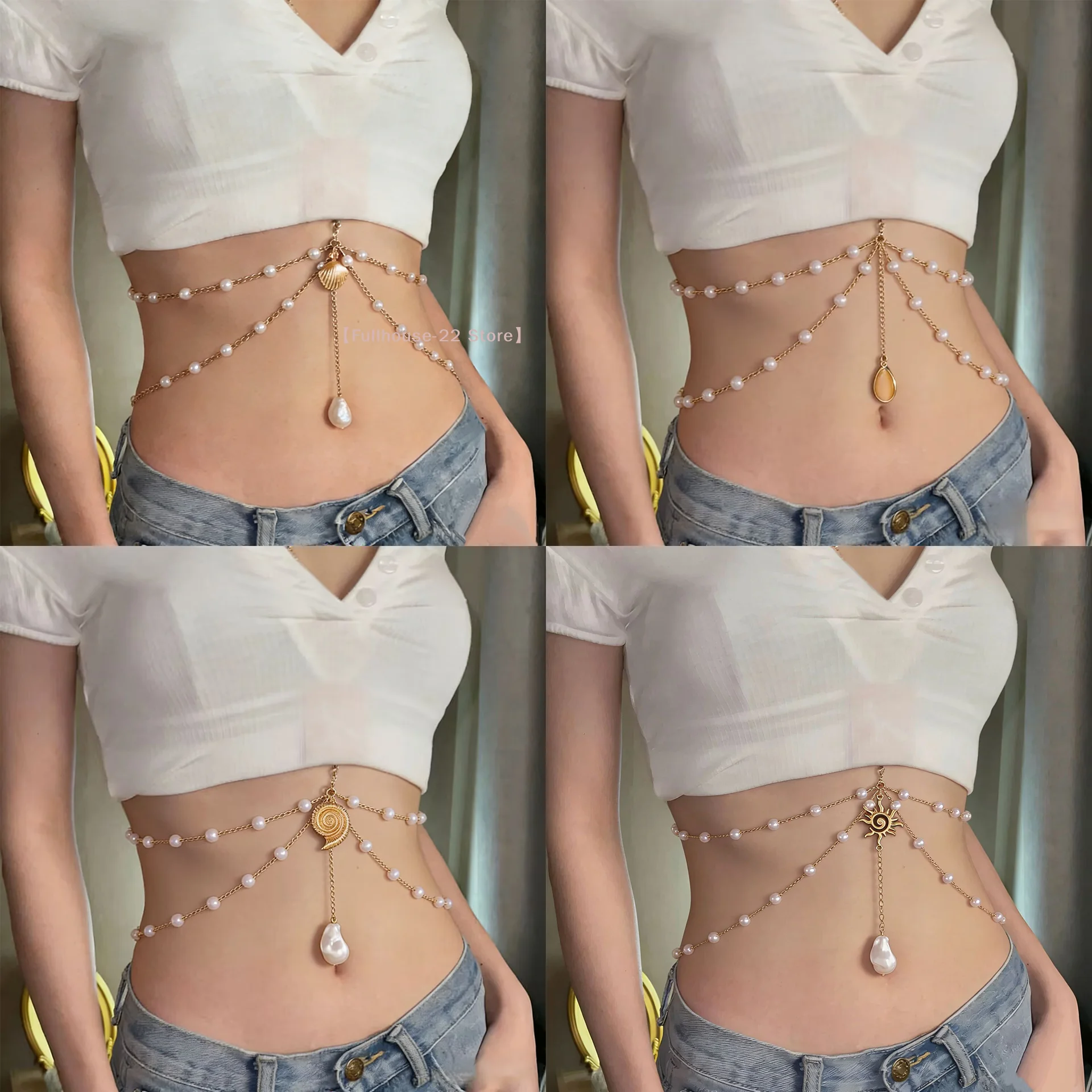【MAX-22】1Pcs Boho Pearl Waist Chain Gold Layered Belly Chain Beach Body Chain For Women Summer Vacation Bikini Jewelry