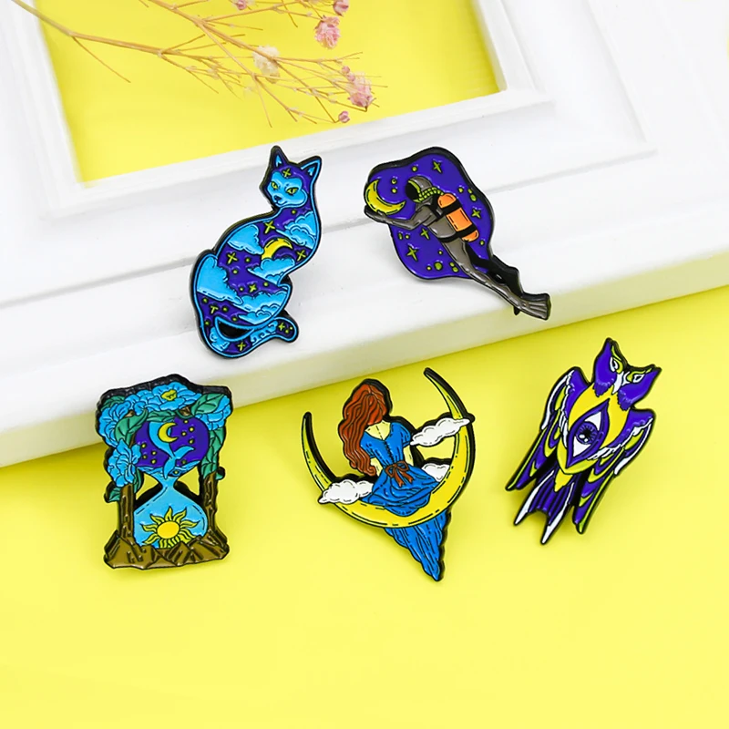 Cartoon Starry sky Night Enamel Pins Owl Cat Diver Astronaut Hourglass Sun and Moon Princess Brooches Lapel Shirt Bag Badge Gift