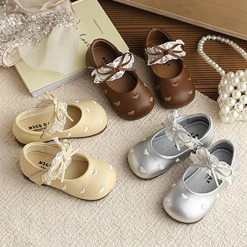 Kids Shoes for Girl Classic Dress Cute Bow-knot Heart Anti-slip Soft Sole Flats Toddler Shoes Designer Sandals Girls Shoes