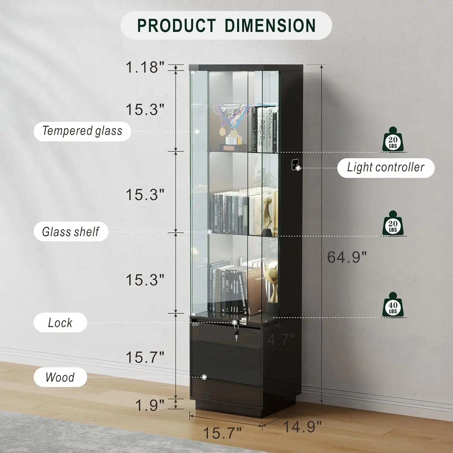 Lockable Curio Display Cabinet with Glass Door 65 Lighted Curio Cabinet with 3 Color Lights for Collectibles 3 Tier Glass